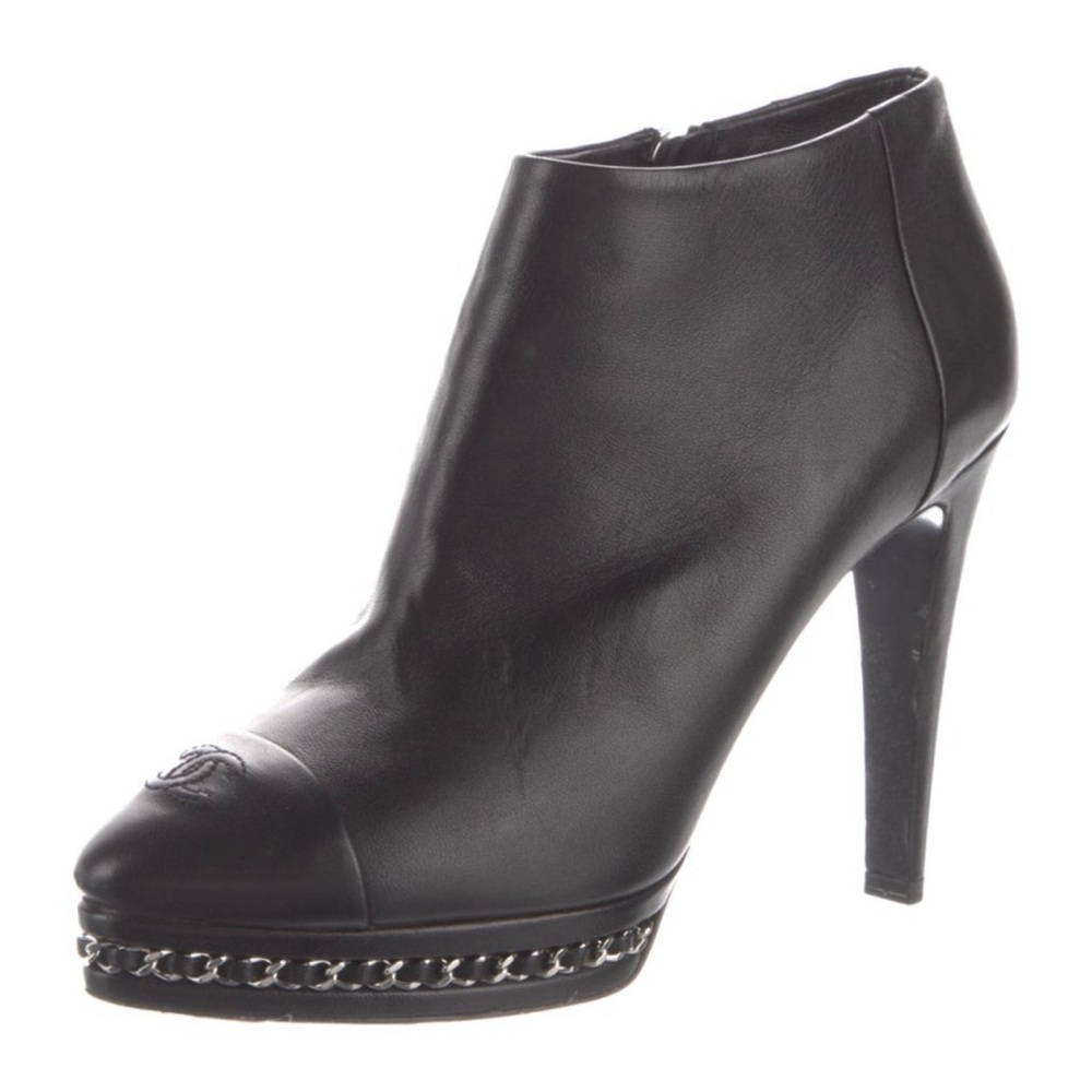 Black Chanel Leather Ankle Boots,
CC Logo & Chain-Link Accent.